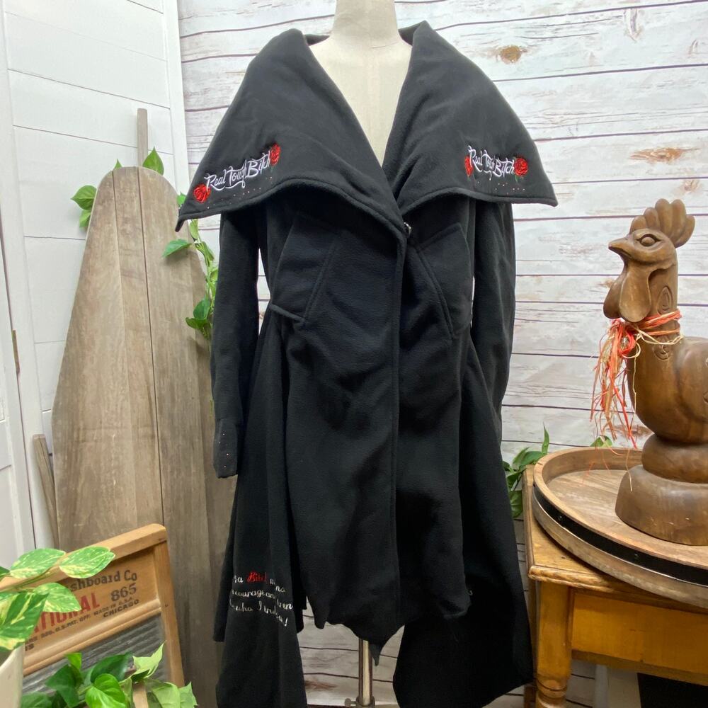 RTB Real Tough B itch Black Fleece Jacket Coat Asymmetrical Embroidered Custom L